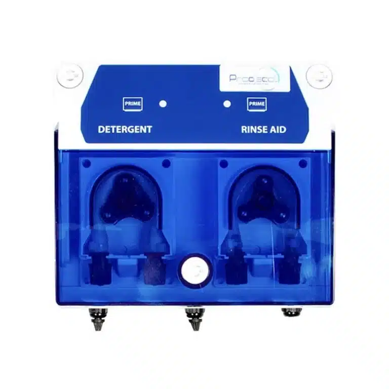 Le Doseur double - Ware dose 35 est un distributeur automatique mural avec deux compartiments étiquetés pour le détergent et le produit de rinçage, doté d'un couvercle bleu transparent.