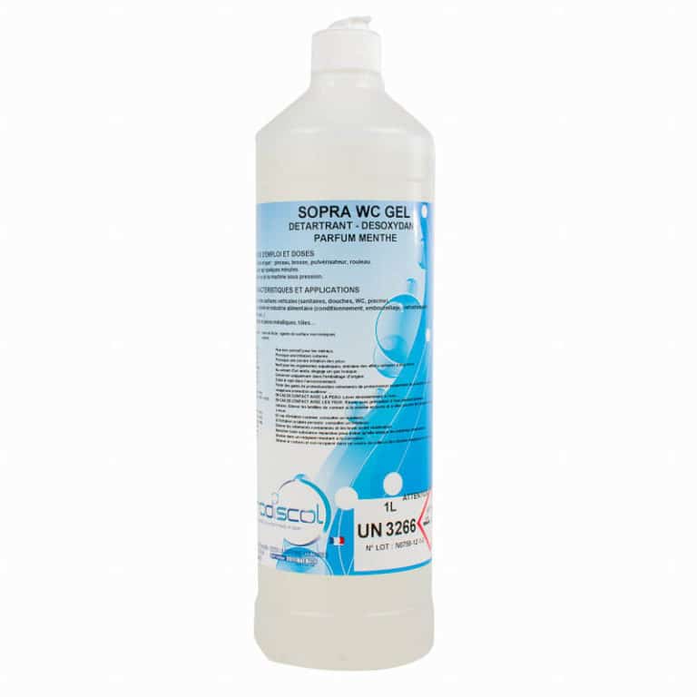 Une bouteille d'un litre de SOPRA WC GEL, un détartrant et désoxydant sans colorant et parfumé pour un usage professionnel ; comporte une étiquette bleue et blanche avec des informations sur le produit en français.