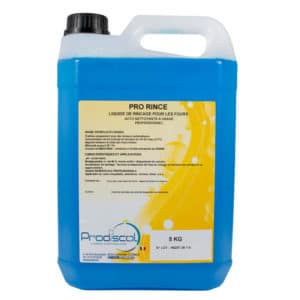 Un conteneur de 5 kg de PRO RINCE : Liquide de rinçage pour les fours automatiques, liquide bleu avec une étiquette blanche affichant les détails du produit en français.