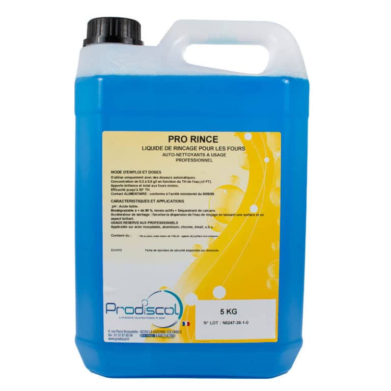 Un conteneur de 5 kg de PRO RINCE : Liquide de rinçage pour les fours automatiques, liquide bleu avec une étiquette blanche affichant les détails du produit en français.