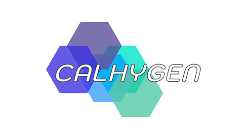 Le mot "CALHYGEN" dans une police moderne est superposé à trois hexagones superposés en bleu, violet et sarcelle sur un fond blanc, vous invitant à devenir partenaire de cette marque innovante.