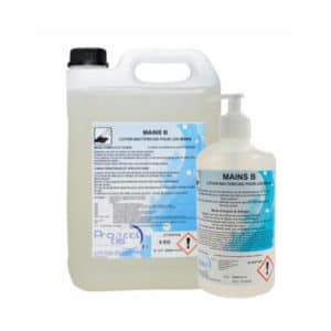 Deux récipients de "MAINS B - Savon antiseptique et bactéricide" (un grand avec poignée, un petit avec pompe), étiquettes françaises avec symboles de danger, pH équilibré pour la peau et sans solvant.