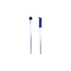Le Manche Mery aluminium 1,25 m est composé de deux bâtons en plastique transparent avec des poignées bleues - l'un avec un capuchon droit et l'autre avec une poignée courbée - présentés sur un fond blanc.
