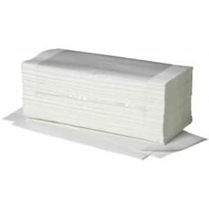 Une pile d'essuie-mains Papier rectangulaire 2 pl g/c pure ouate blanc Ecolabel pliés (25 x 23 cm) repose sur une surface blanche.