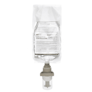 Un sachet de recharge transparent de Cartouche Mousse hydroalcoolique désinfectante pour mains avec un embout de distribution, étiqueté avec les détails du produit et de l'utilisation.