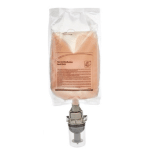 Un sachet de recharge en plastique transparent scellé de Cartouche savon mains clients et vestiaire Green Seal (2600-3600 doses) avec un savon liquide rose, un panneau avant étiqueté et une buse de distribution au bas.