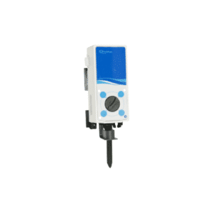 Le PROMAX 14 L/min est un mélangeur hydraulique blanc et bleu pour la dilution automatique de produits, doté d'un cadran central noir et d'une sonde fixée au fond.