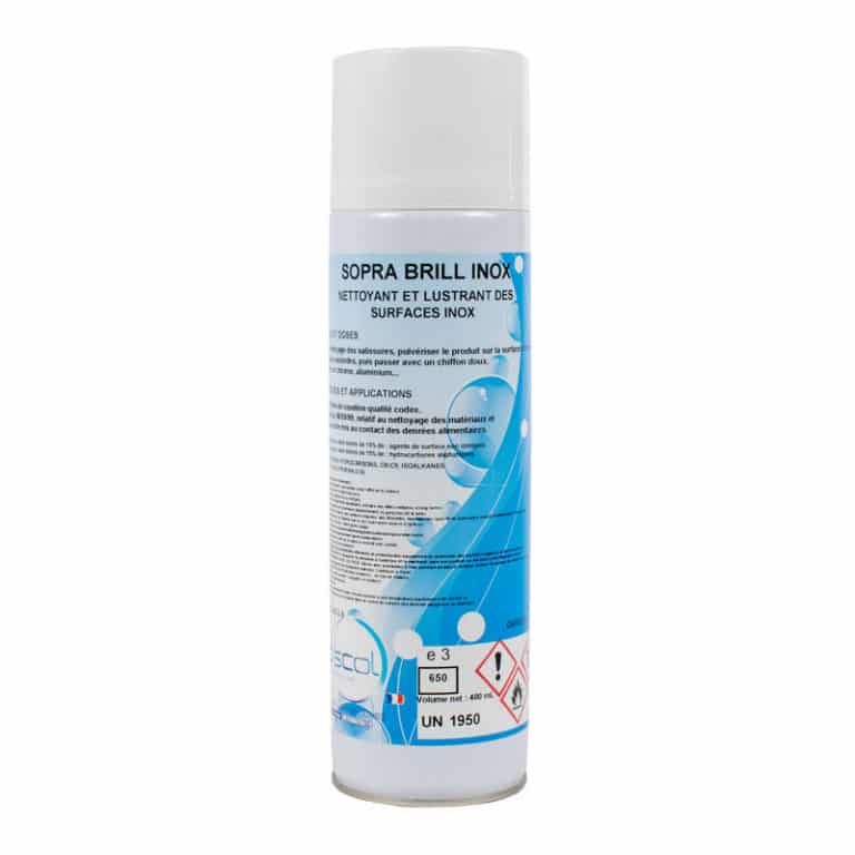 Un aérosol blanc étiqueté "SOPRA BRILL INOX" avec des accents bleus, un nettoyant et un polisseur pour les surfaces en acier inoxydable, adapté à un contact alimentaire à 100 %.