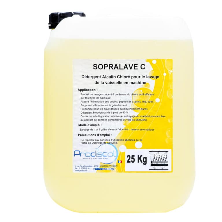 Un conteneur de 25 kg de SOPRA LAVE C, un détergent liquide chloré hautement concentré pour la vaisselle et la verrerie, avec une étiquette jaune et des instructions de dosage en français.