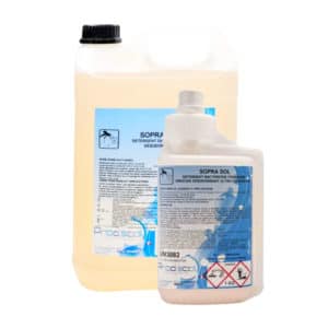 Deux conteneurs de SOPRA SOL : Détergent désinfectant bactéricide ultra concentré parfumé à usage professionnel, un grand et un petit, tous deux munis d'étiquettes bleues et blanches avec les détails du produit et les symboles de danger.