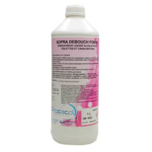 Une bouteille blanche de 1 litre étiquetée "SOPRA DEBOUCH FORCE : Déboucheur liquide ultra puissant pour les professionnels", un nettoyant alcalin pour les toilettes et les canalisations, avec un texte en français et des avertissements de sécurité.