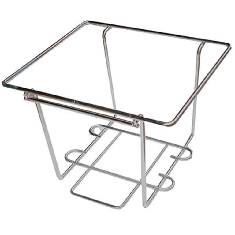 Le support en inox pour bidon est un support en fil métallique avec un cadre carré et des côtés ouverts, conçu pour accueillir un récipient.