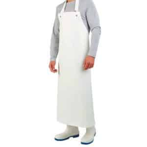 Personne portant un Tablier PVC blanc, une chemise grise à manches longues, des bottes blanches, debout sur un fond uni.