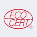 Logo rouge "ECOCERT" en lettres majuscules à l'intérieur d'un ovale rouge, avec un symbole de marque déposée, sur un fond gris clair - que l'on trouve couramment sur les produits d'hygiène alimentaire et de désinfection.