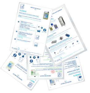 Plusieurs fiches pédagogiques illustrées en français sur les procédures d'hygiène, comportant des icônes et des protocoles de nettoyage étape par étape, mettent en valeur nos services et sont dispersées sur une surface blanche.