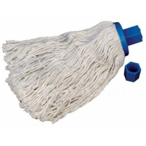 Le Frange Mery coton 220 g est un balai à franges en coton blanc muni d'un embout en plastique bleu et d'un bouchon à vis bleu séparé.