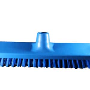 Le Frottoir fibre dure est une brosse à récurer bleue avec des poils rigides et une fente pour fixer le manche, présentée sur un fond blanc.
