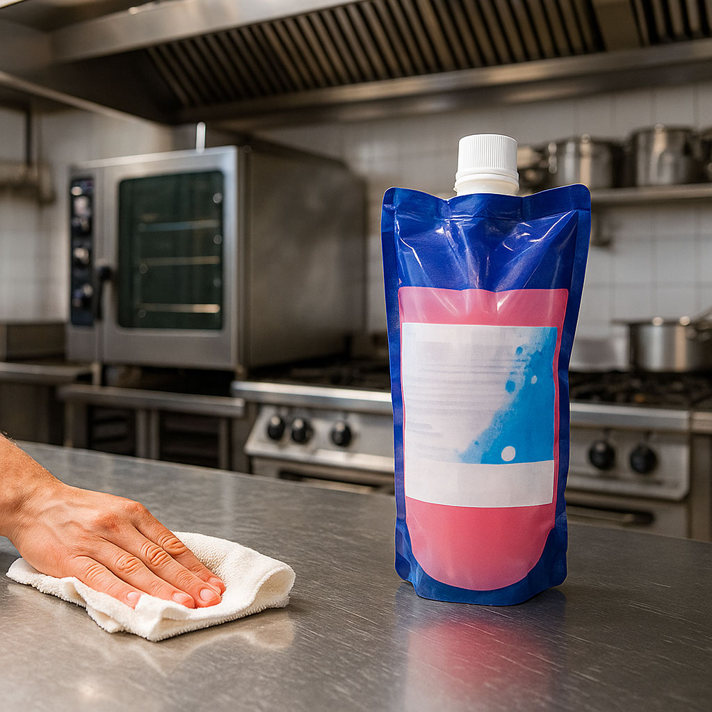 Une personne essuie un comptoir en acier inoxydable avec un chiffon à côté d'un sachet de recharge en plastique dans une cuisine commerciale.