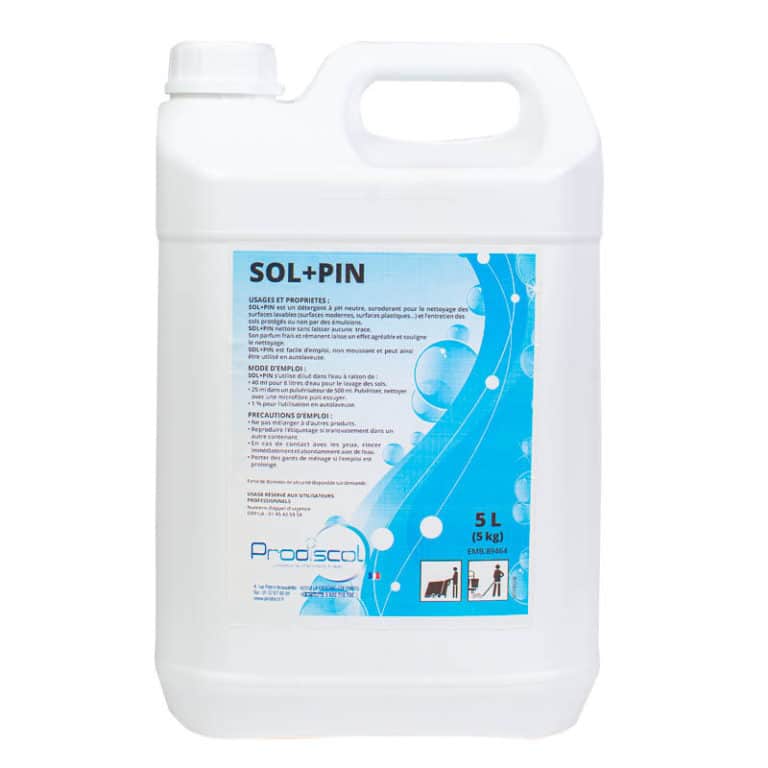 Un récipient en plastique blanc de 5 litres étiqueté "Sol + Pin" avec les détails du produit et les instructions d'utilisation sur une étiquette bleue.