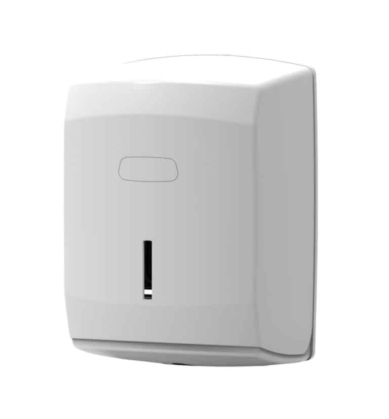 Distributeur mural d'essuie-mains en papier blanc avec une fente pour visualiser la réserve de papier et une zone de poussée pour la distribution.