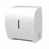 Distributeur mural d'essuie-tout blanc avec une petite fenêtre et un bouton latéral.