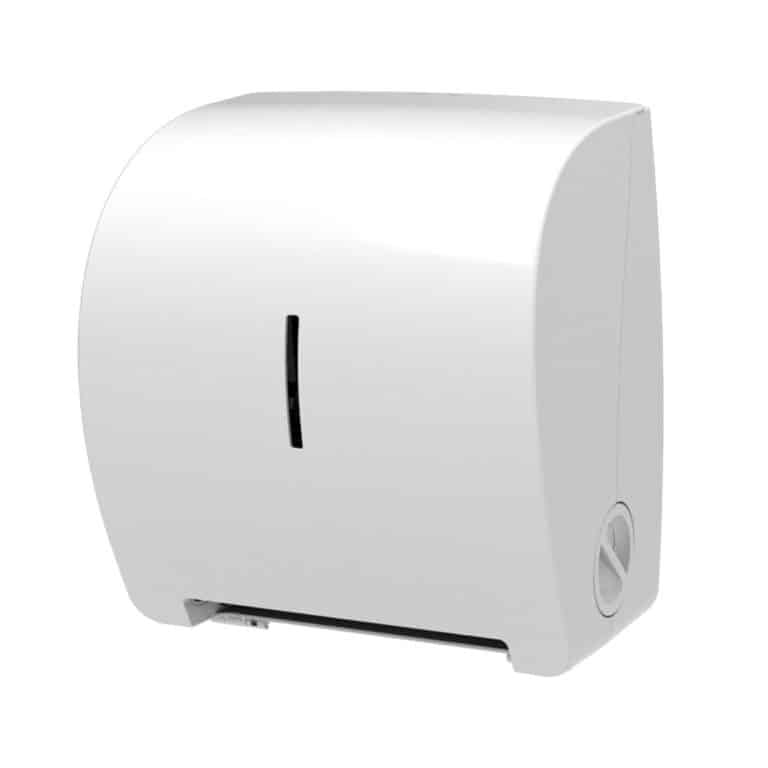 Distributeur mural d'essuie-tout blanc avec une petite fenêtre et un bouton latéral.