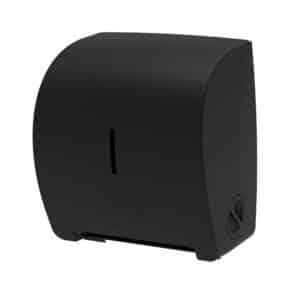 Distributeur mural de serviettes en papier noir avec une façade incurvée et une fente de tirage visible pour la distribution des serviettes.