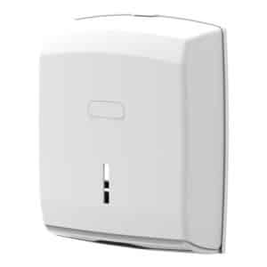 Distributeur d'essuie-tout blanc à fixation murale, de forme rectangulaire, avec une petite fente sur le devant pour voir le contenu.