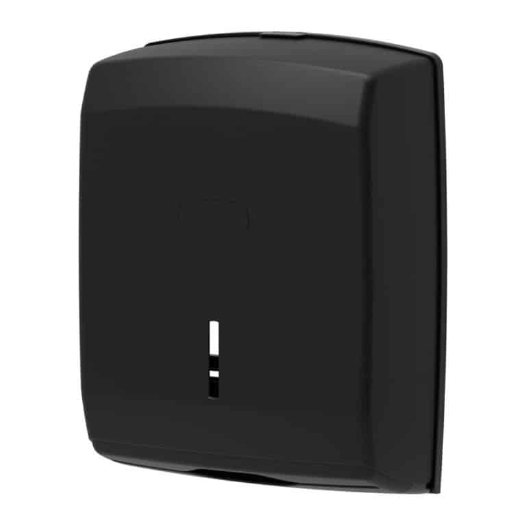 Distributeur mural d'essuie-tout noir de forme rectangulaire avec une fente verticale près du bas pour contrôler le niveau d'essuie-tout.