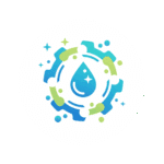 Une icône de gouttelette d'eau bleue entourée d'éléments engrenants et circulaires avec des points verts et bleus et des éclats, symbolisant la technologie de l'eau propre pour les produits d'hygiène alimentaire et de désinfection.